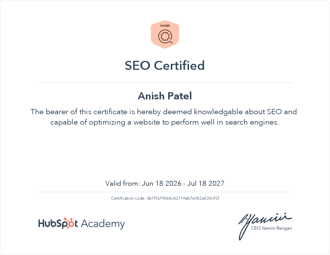 SEO Certified – HubSpot Academy